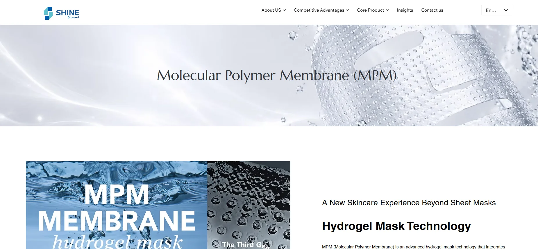 Website showcasing molecular polymer membrane (MPM) technology with text and visuals of a hydrogel mask and water droplets.